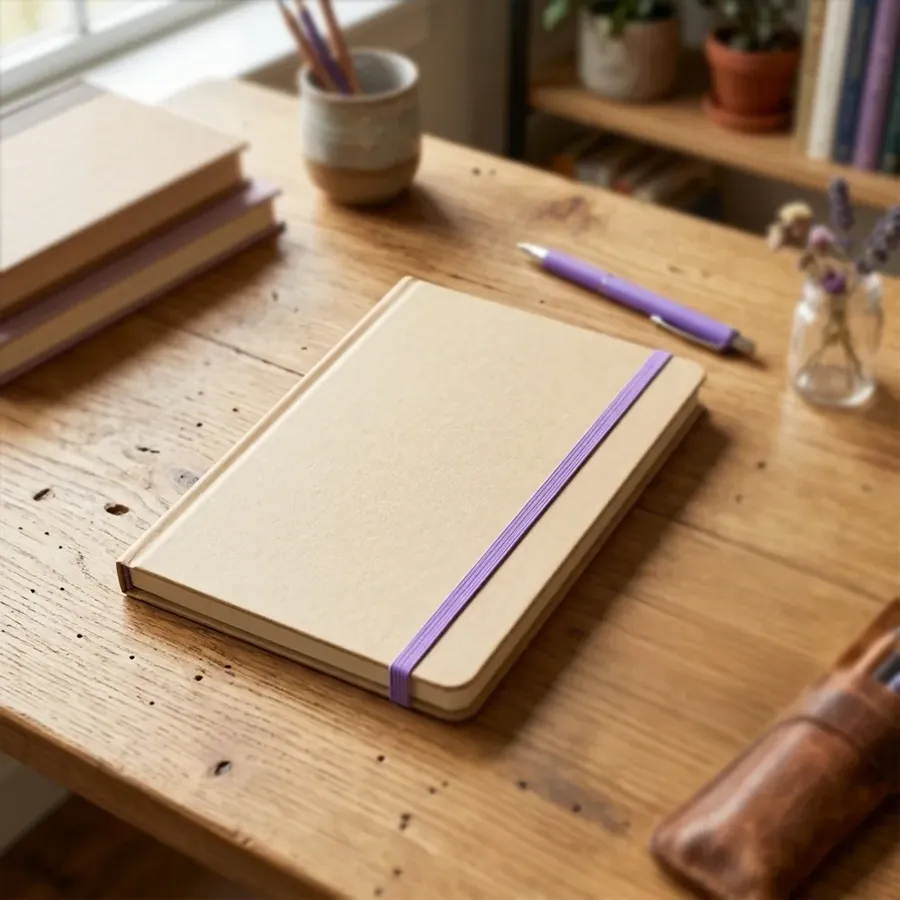 Caderno personalizado sobre mesa de madeira
