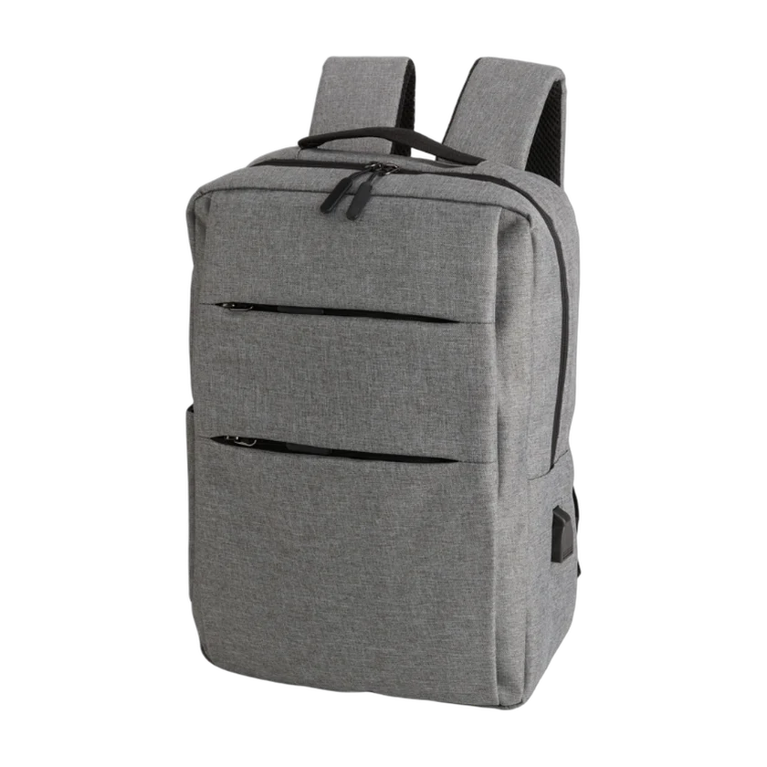 Mochila cinza com entrada USB